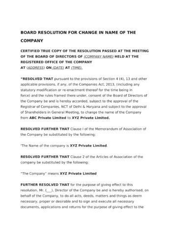 Board resolution for change in name of the company